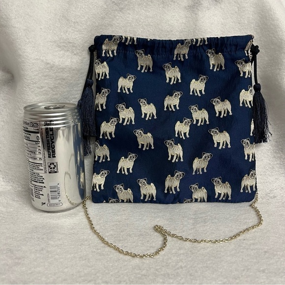 RYTHME KUMIKYOKU Blue Jacquard Drawstring Pouch Bag Pug Dog Puppy Chain Strap - Picture 11 of 12